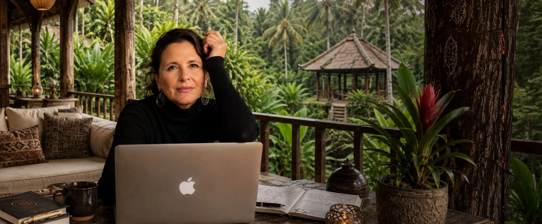 Paula Urbano a escrever, rodeada de vegetação tropical.